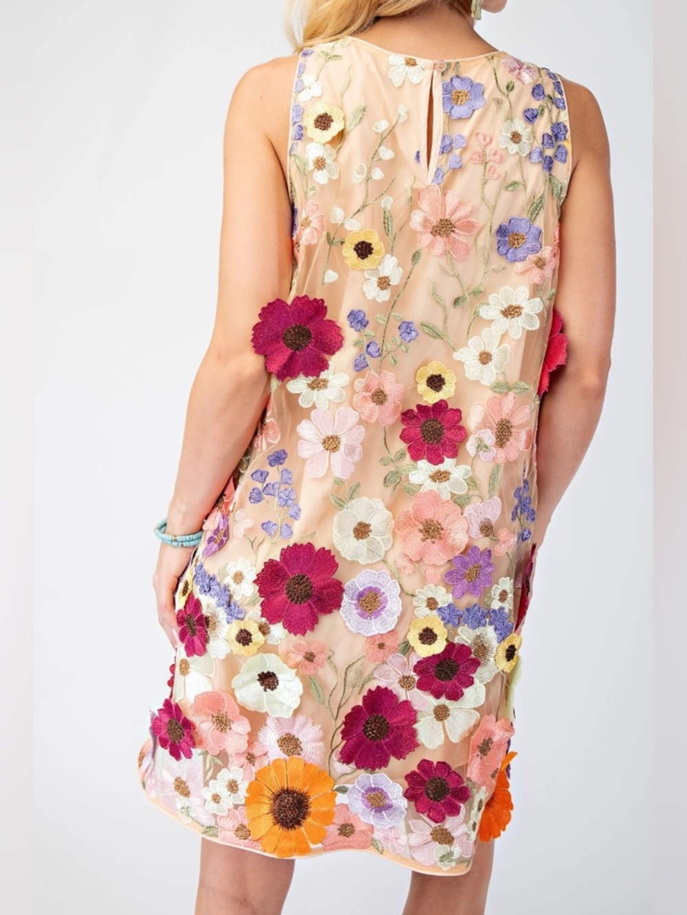 Sleeveless Floral Embroidered Nude Dress - Picture 2 of 8